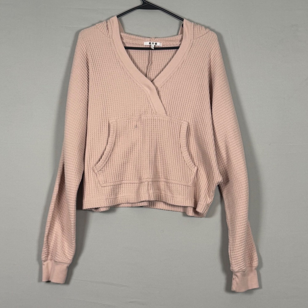 Three Dots Waffle Knit Hoodie Women Size Medium Pink Excellent Crossover V-Neck
